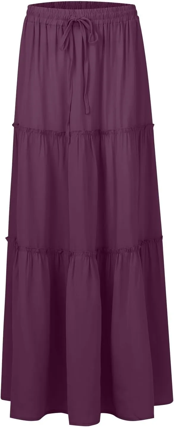 Maxi Skirts for Women,High Waisted Trendy Womens Boho Maxi Skirt with Pockets Pleated Flowy Long Skirts 2025