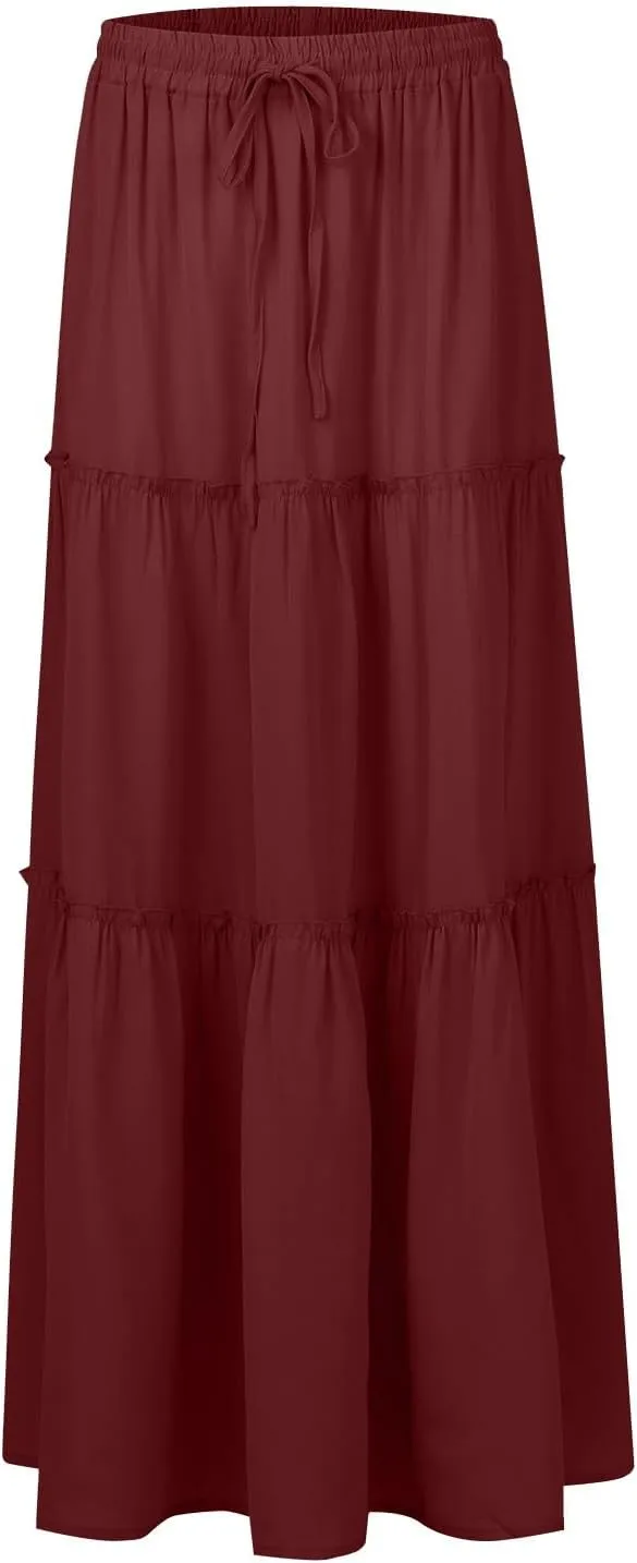 Maxi Skirts for Women,High Waisted Trendy Womens Boho Maxi Skirt with Pockets Pleated Flowy Long Skirts 2025