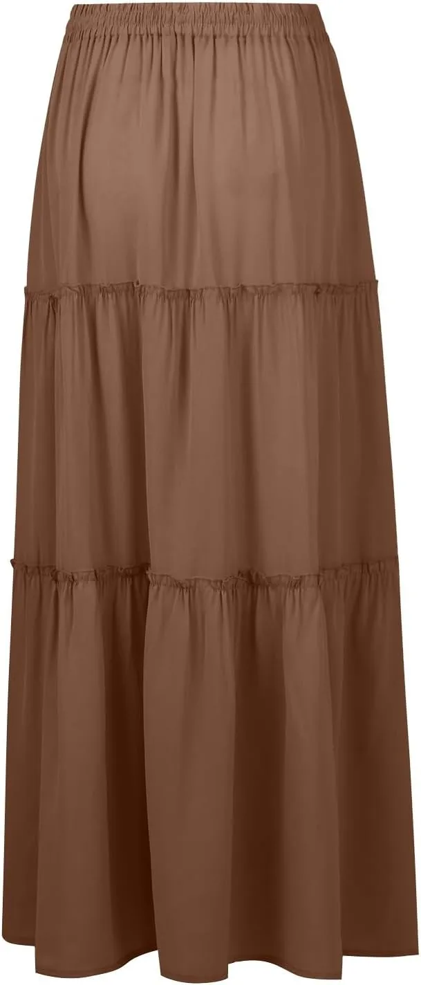 Maxi Skirts for Women,High Waisted Trendy Womens Boho Maxi Skirt with Pockets Pleated Flowy Long Skirts 2025