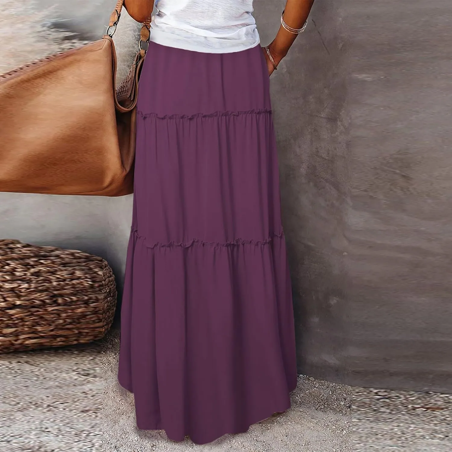 Maxi Skirts for Women,High Waisted Trendy Womens Boho Maxi Skirt with Pockets Pleated Flowy Long Skirts 2025