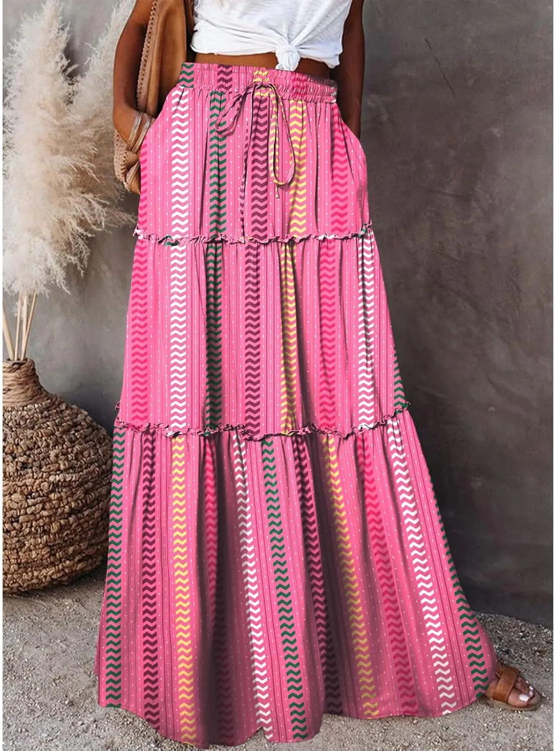 Maxi Skirts for Women,High Waisted Trendy Womens Boho Maxi Skirt with Pockets Pleated Flowy Long Skirts 2025
