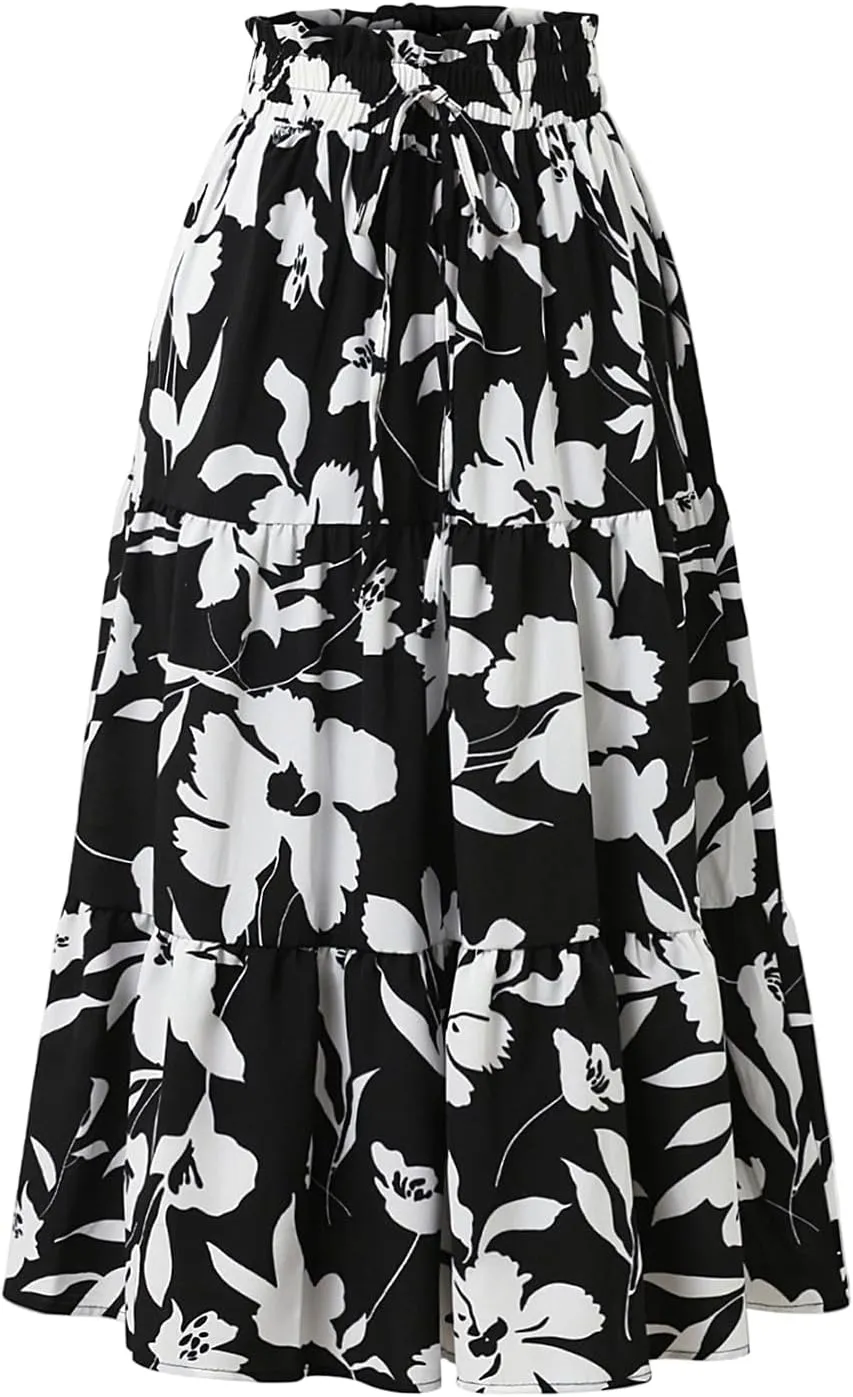 Maxi Skirts for Women,Trendy High Waisted Womens Boho Maxi Skirt with Pockets Pleated Flowy Long Skirts 2025