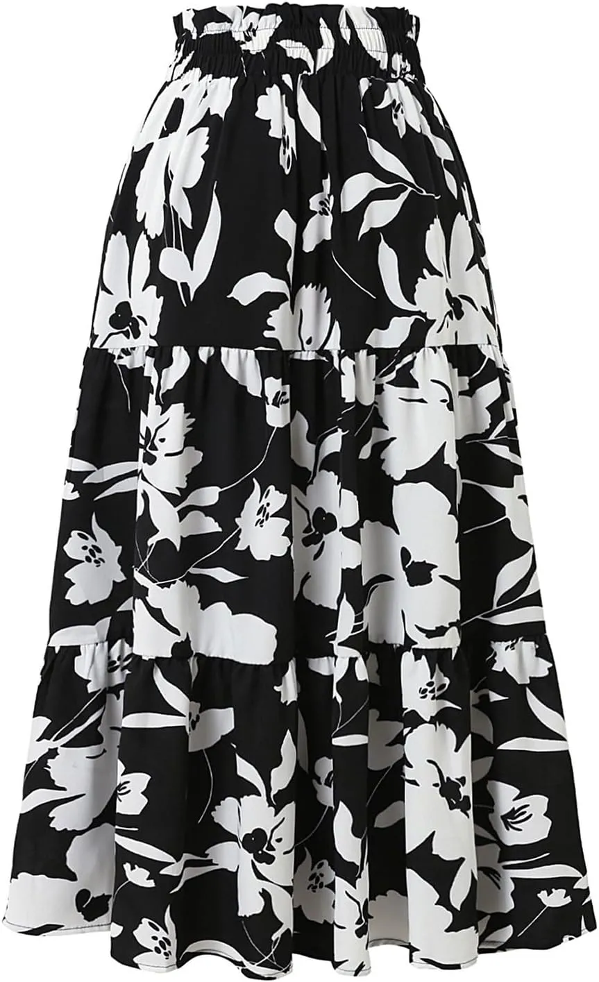 Maxi Skirts for Women,Trendy High Waisted Womens Boho Maxi Skirt with Pockets Pleated Flowy Long Skirts 2025