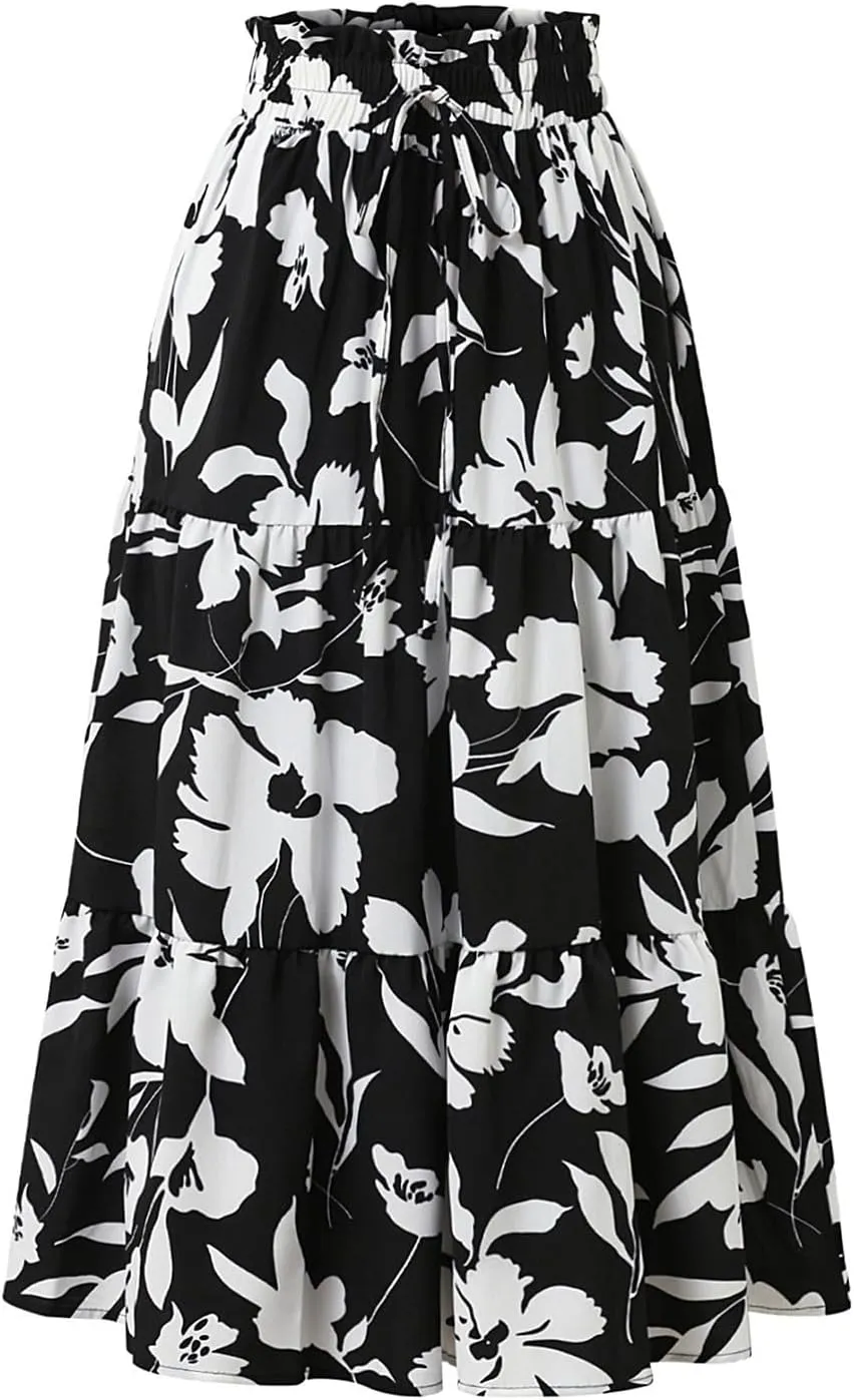 Maxi Skirts for Women,Trendy High Waisted Womens Boho Maxi Skirt with Pockets Pleated Flowy Long Skirts 2025