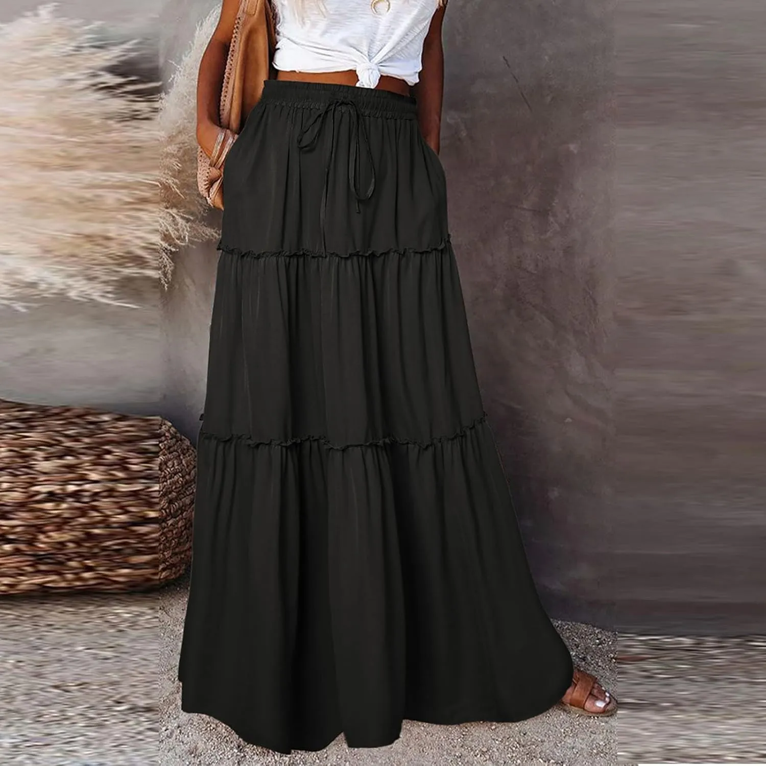 Maxi Skirts for Women,Womens Boho Maxi Skirt with Pockets Trendy Linen Elastic High Waisted Flowy Long Skirts 2025