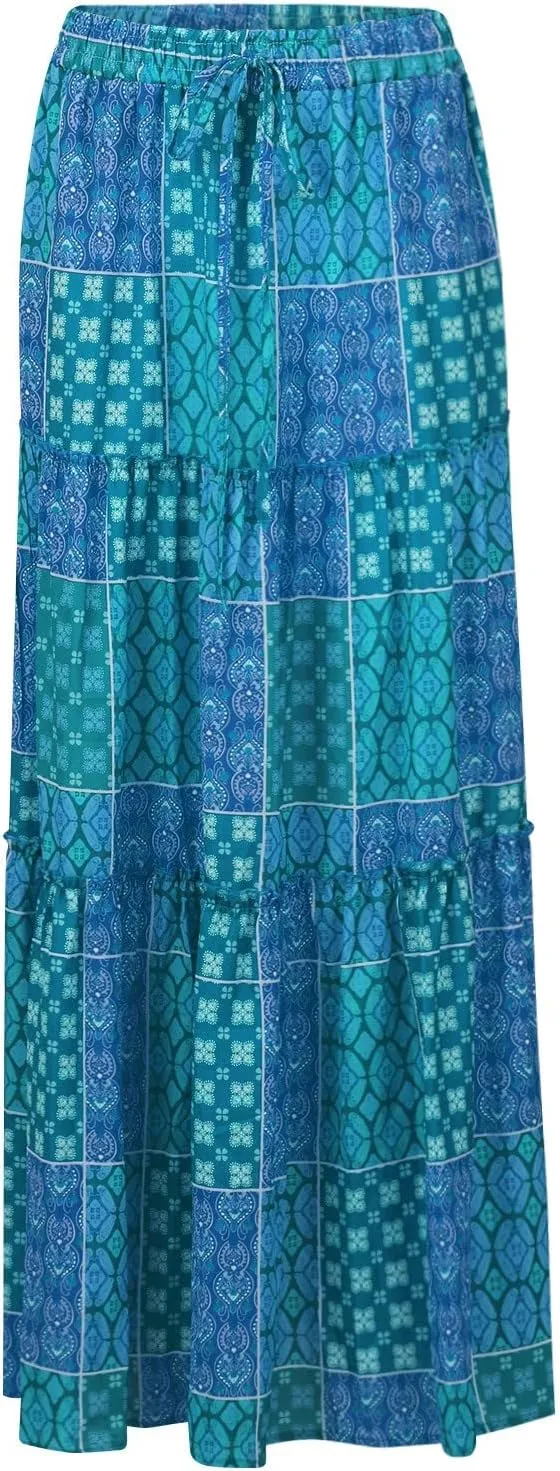 Maxi Skirts for Women,Womens Boho Maxi Skirt with Pockets Trendy Linen Elastic High Waisted Flowy Long Skirts 2025