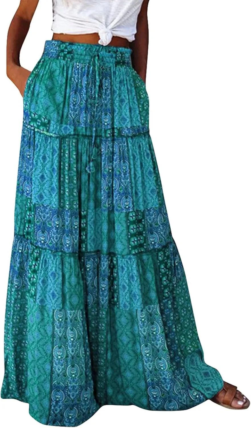 Maxi Skirts for Women,Womens Boho Maxi Skirt with Pockets Trendy Linen Elastic High Waisted Flowy Long Skirts 2025