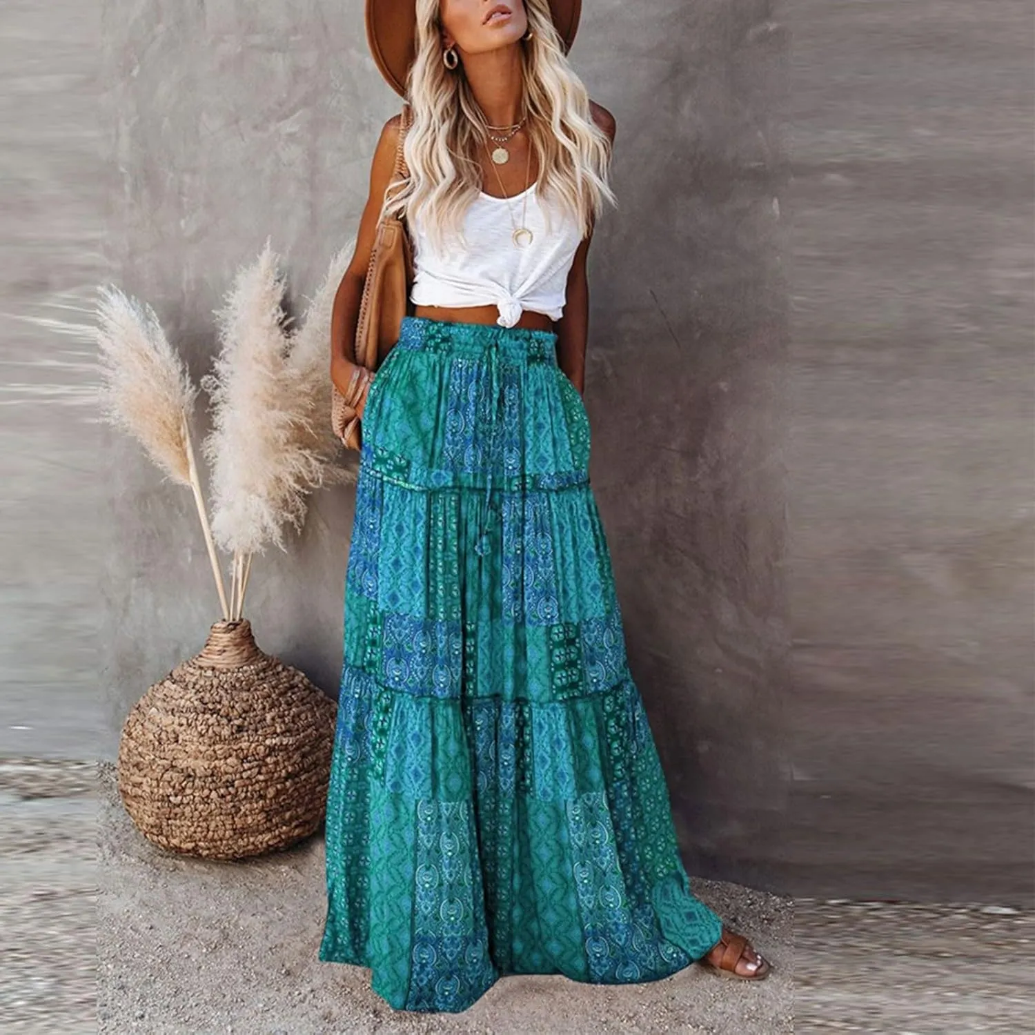 Maxi Skirts for Women,Womens Boho Maxi Skirt with Pockets Trendy Linen Elastic High Waisted Flowy Long Skirts 2025