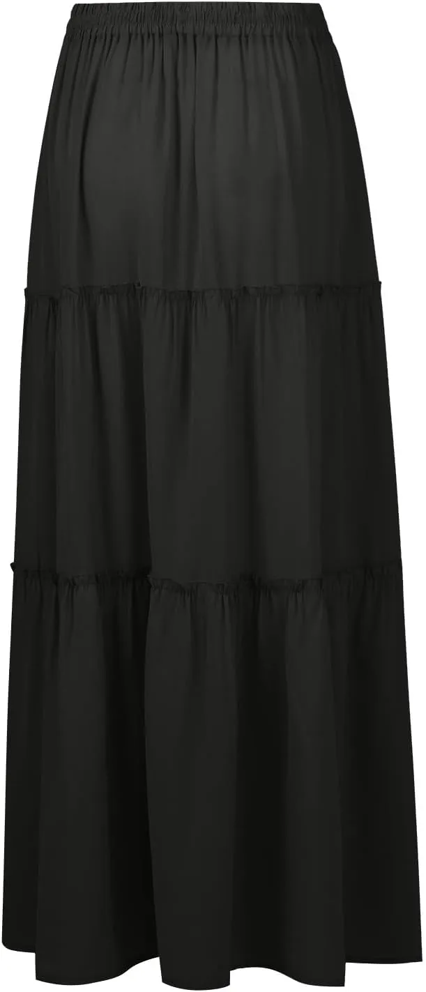 Maxi Skirts for Women,Womens Boho Maxi Skirt with Pockets Trendy Linen Elastic High Waisted Flowy Long Skirts 2025