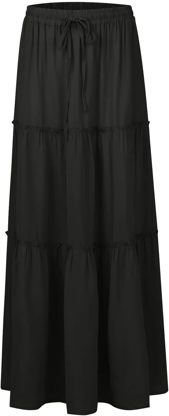 Maxi Skirts for Women,Womens Boho Maxi Skirt with Pockets Trendy Linen Elastic High Waisted Flowy Long Skirts 2025