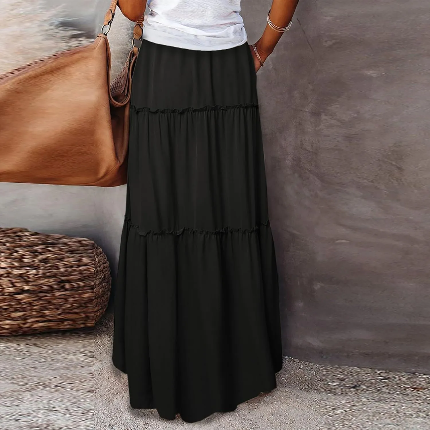 Maxi Skirts for Women,Womens Boho Maxi Skirt with Pockets Trendy Linen Elastic High Waisted Flowy Long Skirts 2025