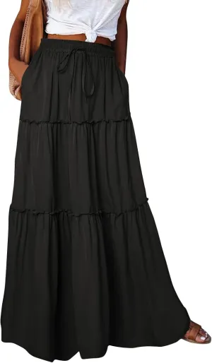 Maxi Skirts for Women,Womens Boho Maxi Skirt with Pockets Trendy Linen Elastic High Waisted Flowy Long Skirts 2025