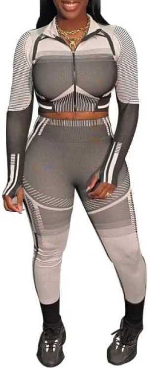Melliflo Women's 2 Piece Sweatsuit Set Long Sleeve Zipper Printed Crop Top and High Waist Elastic Legging Workout Set
