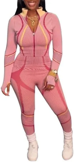 Melliflo Women's 2 Piece Sweatsuit Set Long Sleeve Zipper Printed Crop Top and High Waist Elastic Legging Workout Set