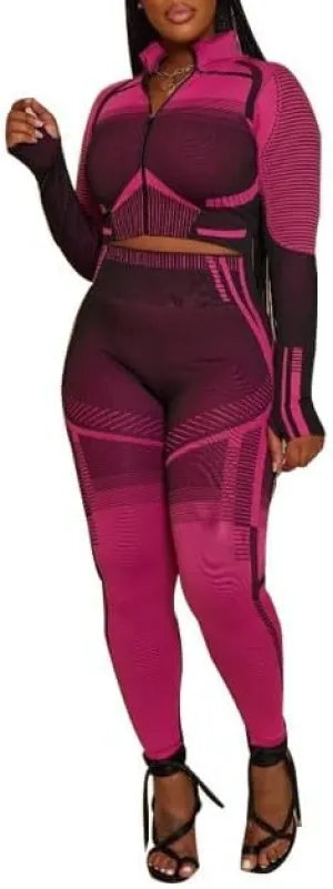 Melliflo Women's 2 Piece Sweatsuit Set Long Sleeve Zipper Printed Crop Top and High Waist Elastic Legging Workout Set