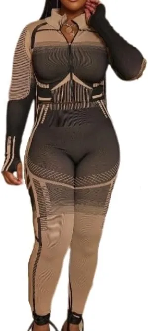 Melliflo Women's 2 Piece Sweatsuit Set Long Sleeve Zipper Printed Crop Top and High Waist Elastic Legging Workout Set