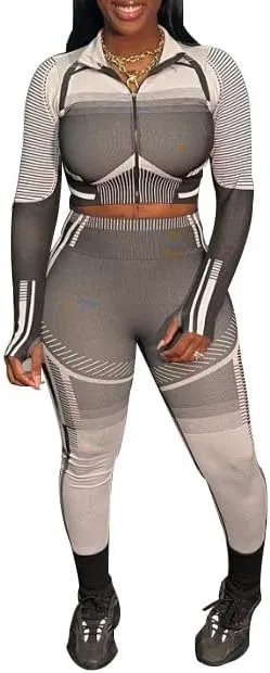 Melliflo Women's 2 Piece Sweatsuit Set Long Sleeve Zipper Printed Crop Top and High Waist Elastic Legging Workout Set