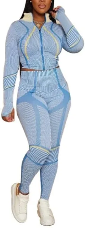 Melliflo Women's 2 Piece Sweatsuit Set Long Sleeve Zipper Printed Crop Top and High Waist Elastic Legging Workout Set