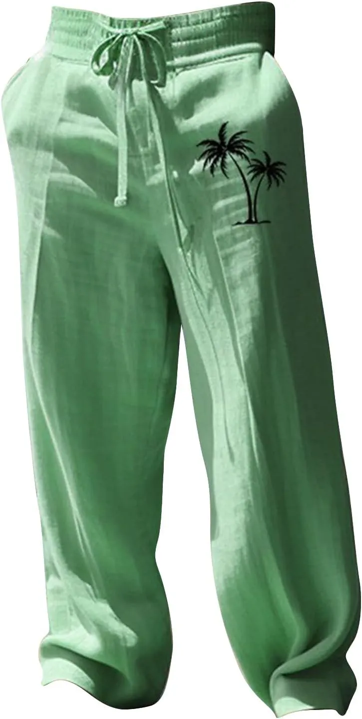 Mens Baggy Linen Hawaiian Yoga Trousers Elastic Waist Summer Wide Leg Beach Pants Lightweight Bohemian Gaucho Pants
