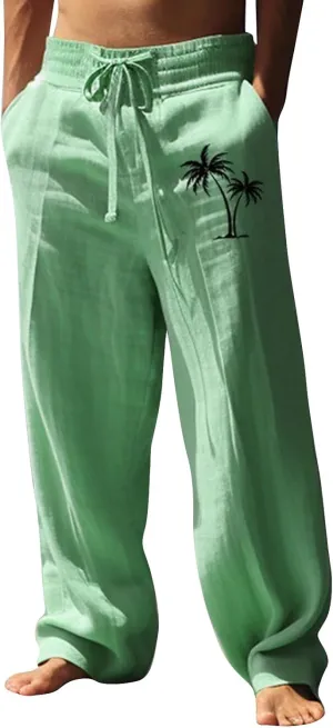 Mens Baggy Linen Hawaiian Yoga Trousers Elastic Waist Summer Wide Leg Beach Pants Lightweight Bohemian Gaucho Pants