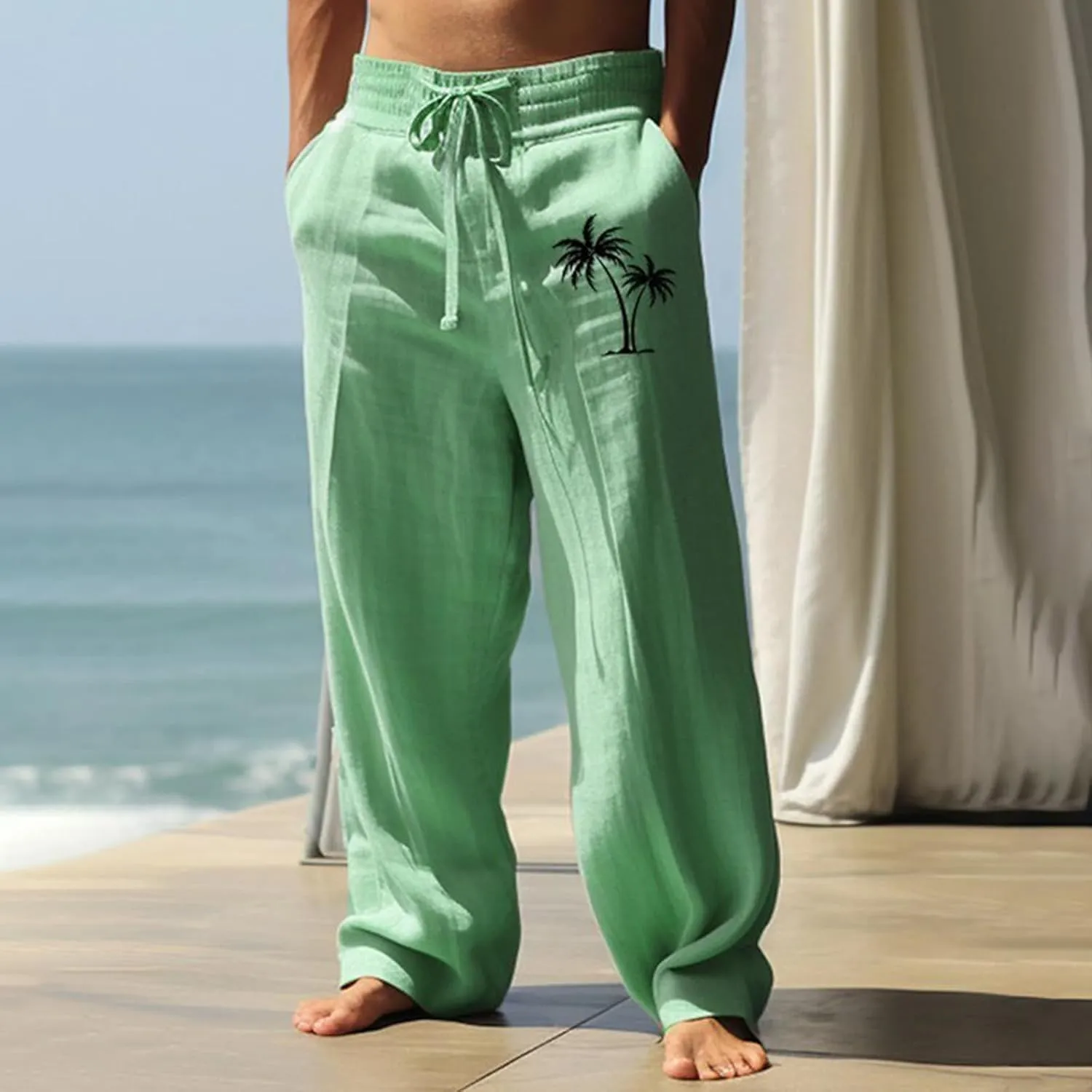 Mens Baggy Linen Hawaiian Yoga Trousers Elastic Waist Summer Wide Leg Beach Pants Lightweight Bohemian Gaucho Pants