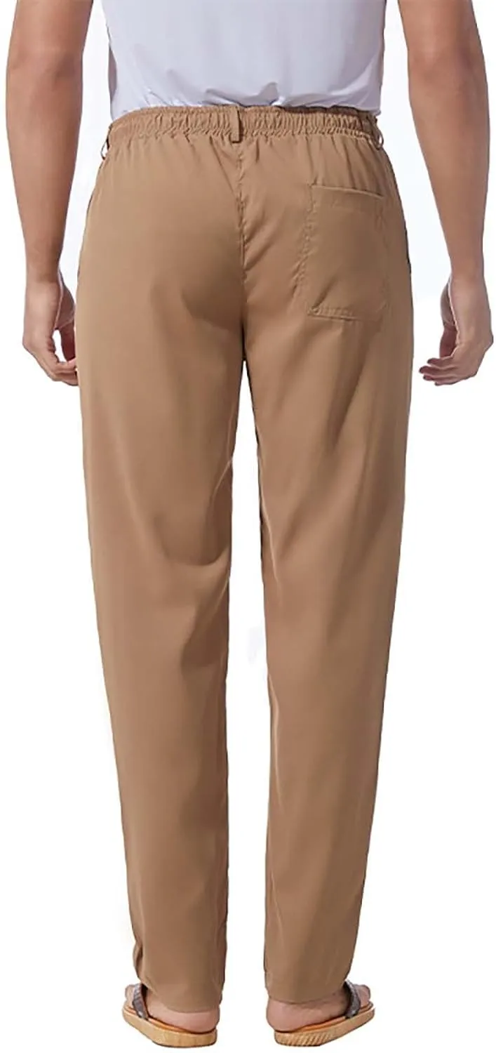 Mens Flat Front Linen Cotton Pants Casual Loose Beach Yoga Lounge Pants Elastic Waist Straight Leg Chino Trousers