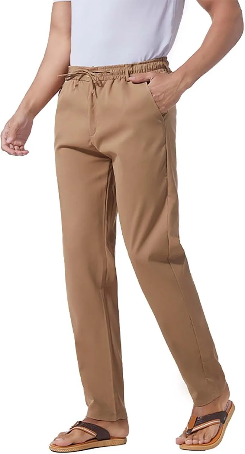 Mens Flat Front Linen Cotton Pants Casual Loose Beach Yoga Lounge Pants Elastic Waist Straight Leg Chino Trousers