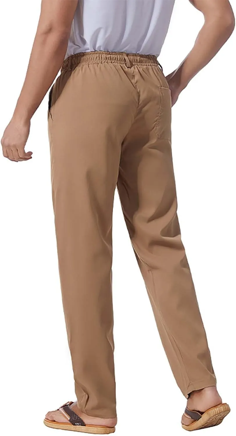 Mens Flat Front Linen Cotton Pants Casual Loose Beach Yoga Lounge Pants Elastic Waist Straight Leg Chino Trousers
