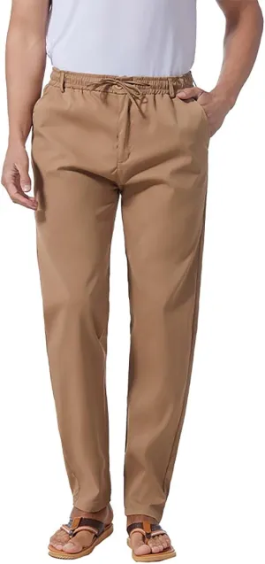 Mens Flat Front Linen Cotton Pants Casual Loose Beach Yoga Lounge Pants Elastic Waist Straight Leg Chino Trousers