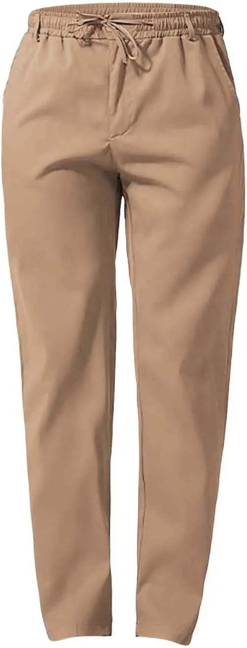Mens Flat Front Linen Cotton Pants Casual Loose Beach Yoga Lounge Pants Elastic Waist Straight Leg Chino Trousers