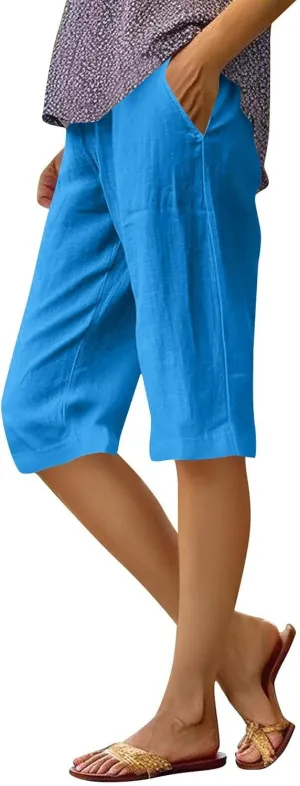 midelxp Linen Bermuda Shorts for Women High Waisted Summer-Shorts Loose Lightweight Knee Length Beach-Shorts with Pockets