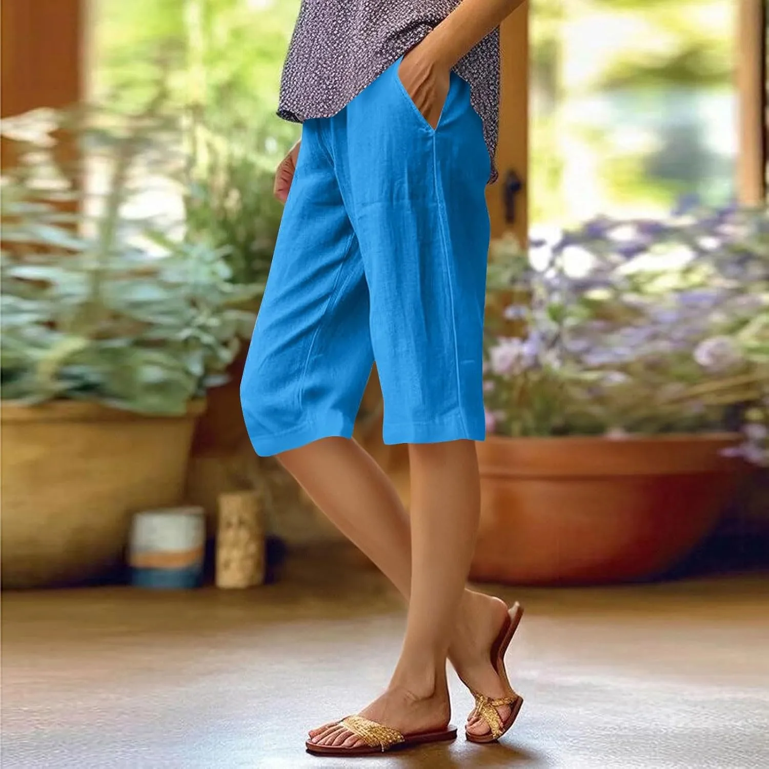 midelxp Linen Bermuda Shorts for Women High Waisted Summer-Shorts Loose Lightweight Knee Length Beach-Shorts with Pockets