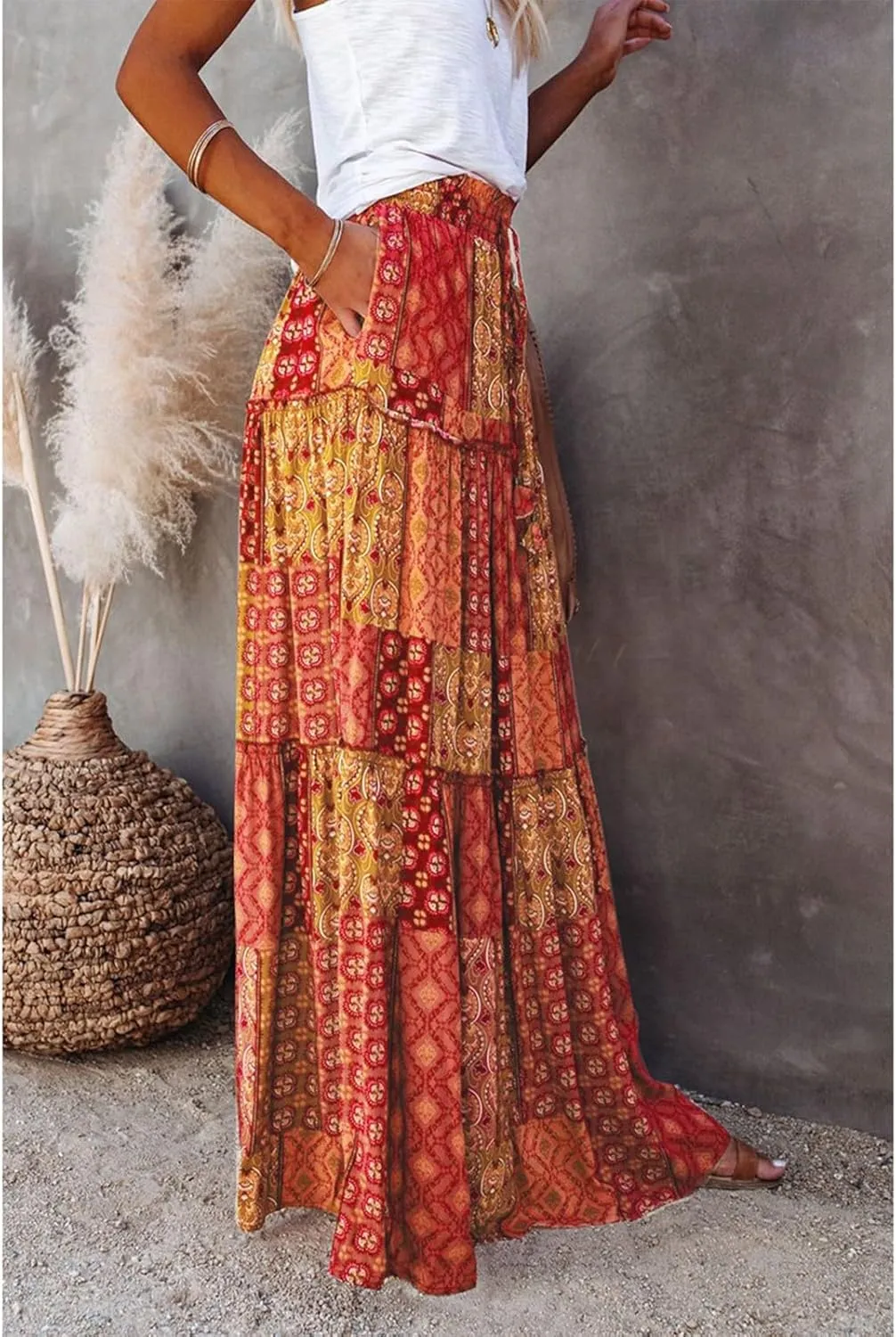 Midi Skirt,Elastic High Waist Drawstring Ruffle Hem Flowy Maxi Skirts for Women Trendy 2025 Summer Vacation Boho