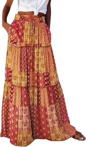 Midi Skirt,Elastic High Waist Drawstring Ruffle Hem Flowy Maxi Skirts for Women Trendy 2025 Summer Vacation Boho