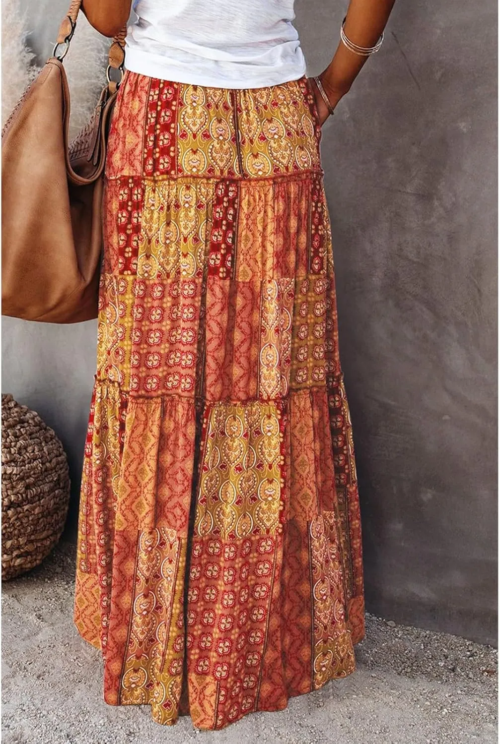 Midi Skirt,Elastic High Waist Drawstring Ruffle Hem Flowy Maxi Skirts for Women Trendy 2025 Summer Vacation Boho