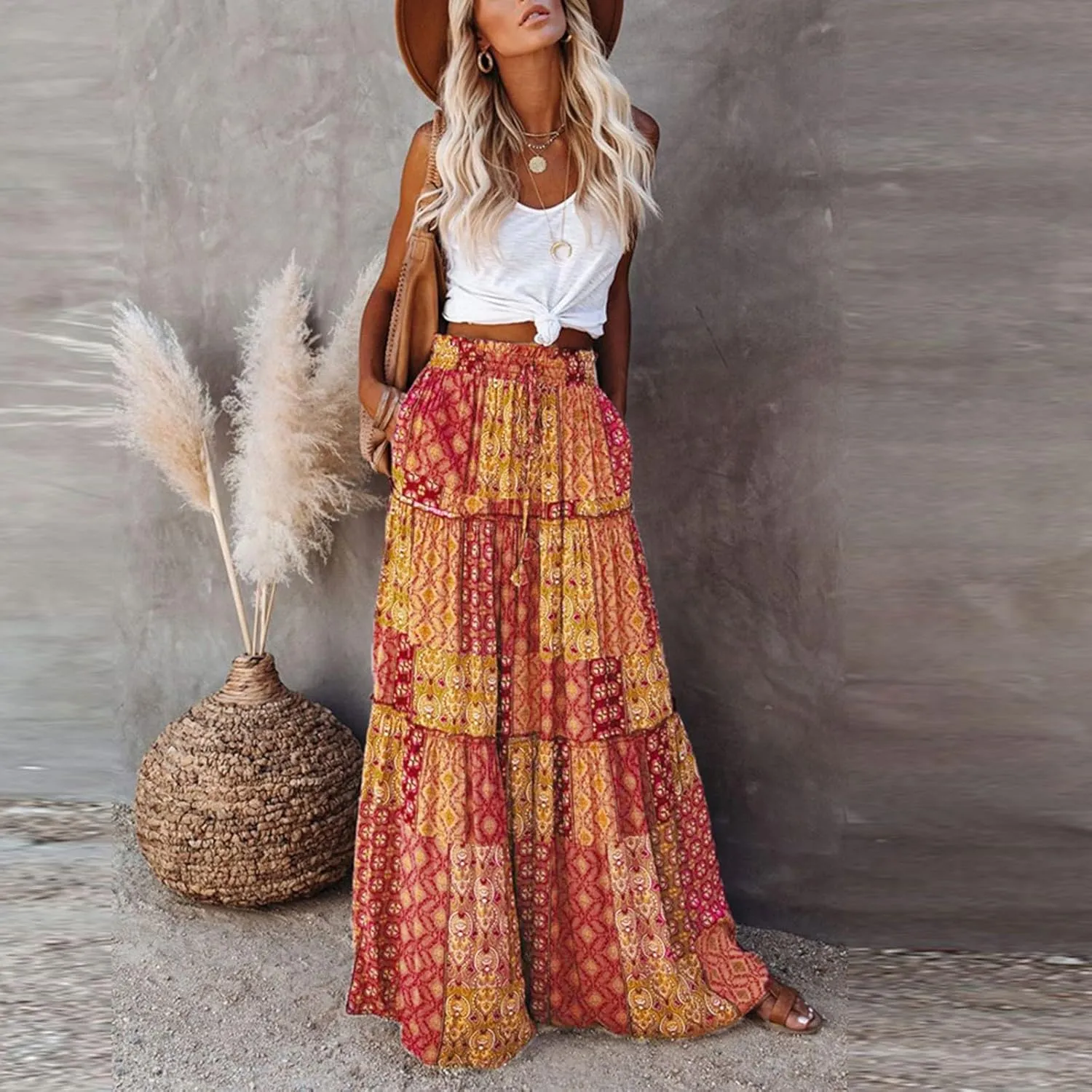 Midi Skirt,Elastic High Waist Drawstring Ruffle Hem Flowy Maxi Skirts for Women Trendy 2025 Summer Vacation Boho