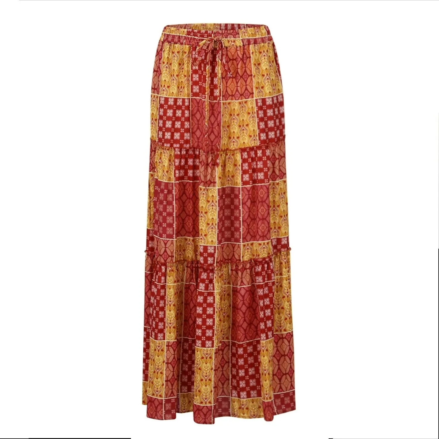 Midi Skirt,Elastic High Waist Drawstring Ruffle Hem Flowy Maxi Skirts for Women Trendy 2025 Summer Vacation Boho