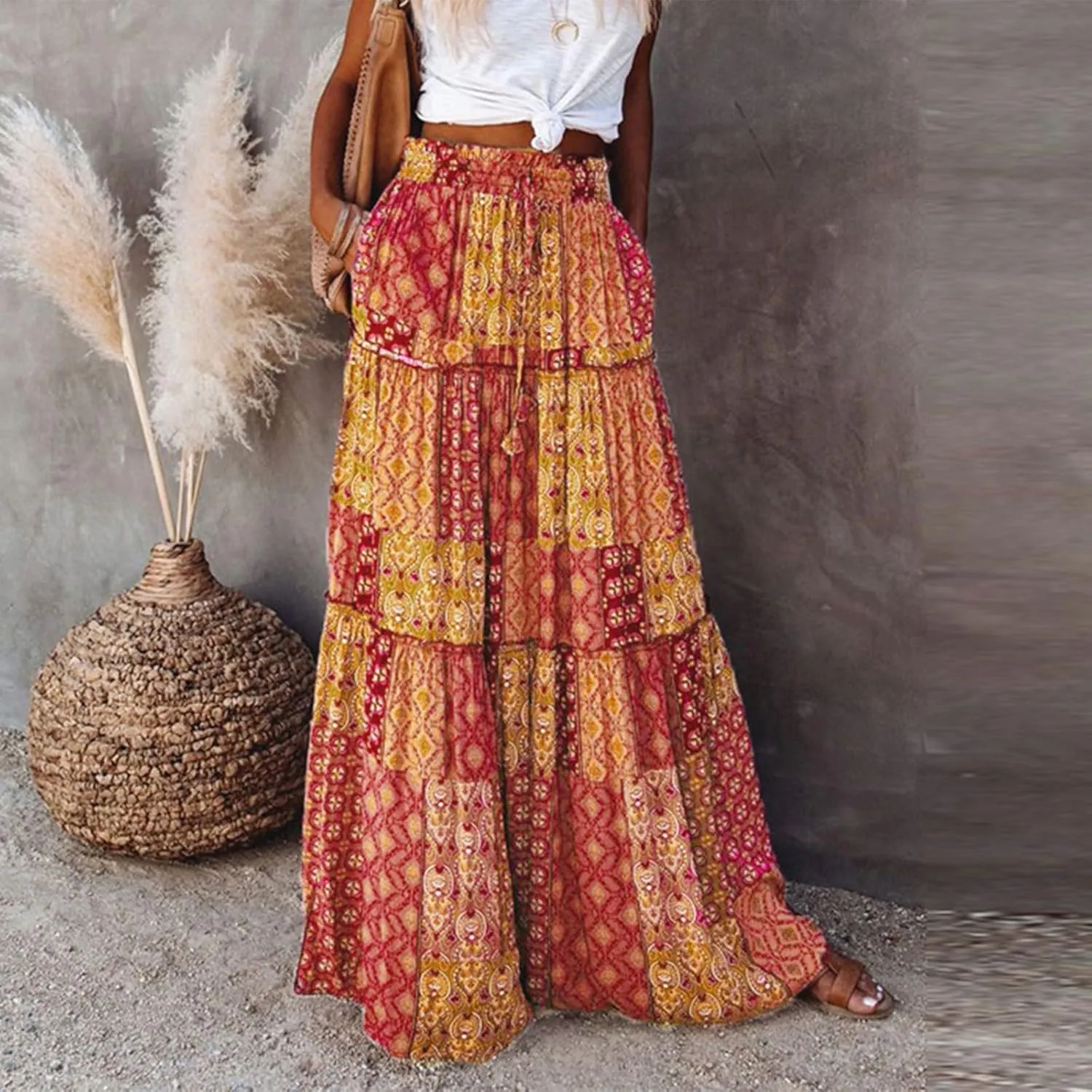Midi Skirt,Elastic High Waist Drawstring Ruffle Hem Flowy Maxi Skirts for Women Trendy 2025 Summer Vacation Boho