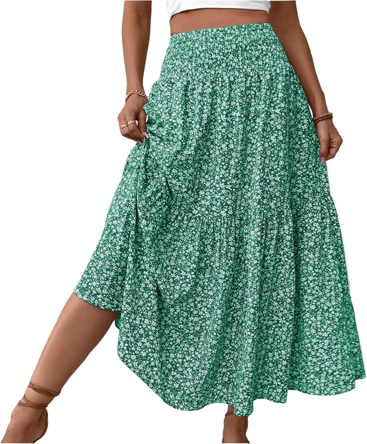 Midi Skirt,Flowy Long Skirts for Women 2025 Elastic High Waisted Pleated Womens Boho Maxi Skirt with Pockets Summer