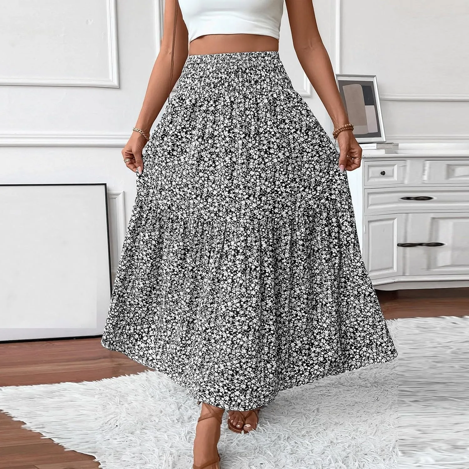 Midi Skirt,Flowy Long Skirts for Women 2025 Elastic High Waisted Pleated Womens Boho Maxi Skirt with Pockets Summer