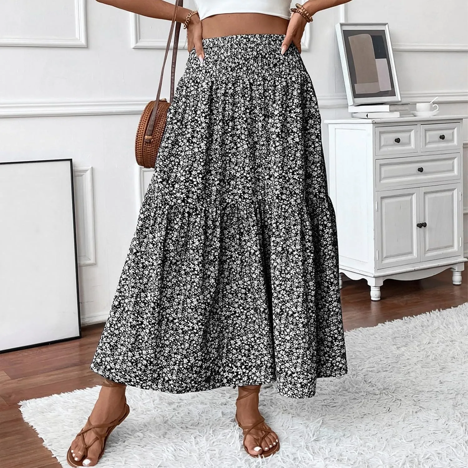Midi Skirt,Flowy Long Skirts for Women 2025 Elastic High Waisted Pleated Womens Boho Maxi Skirt with Pockets Summer