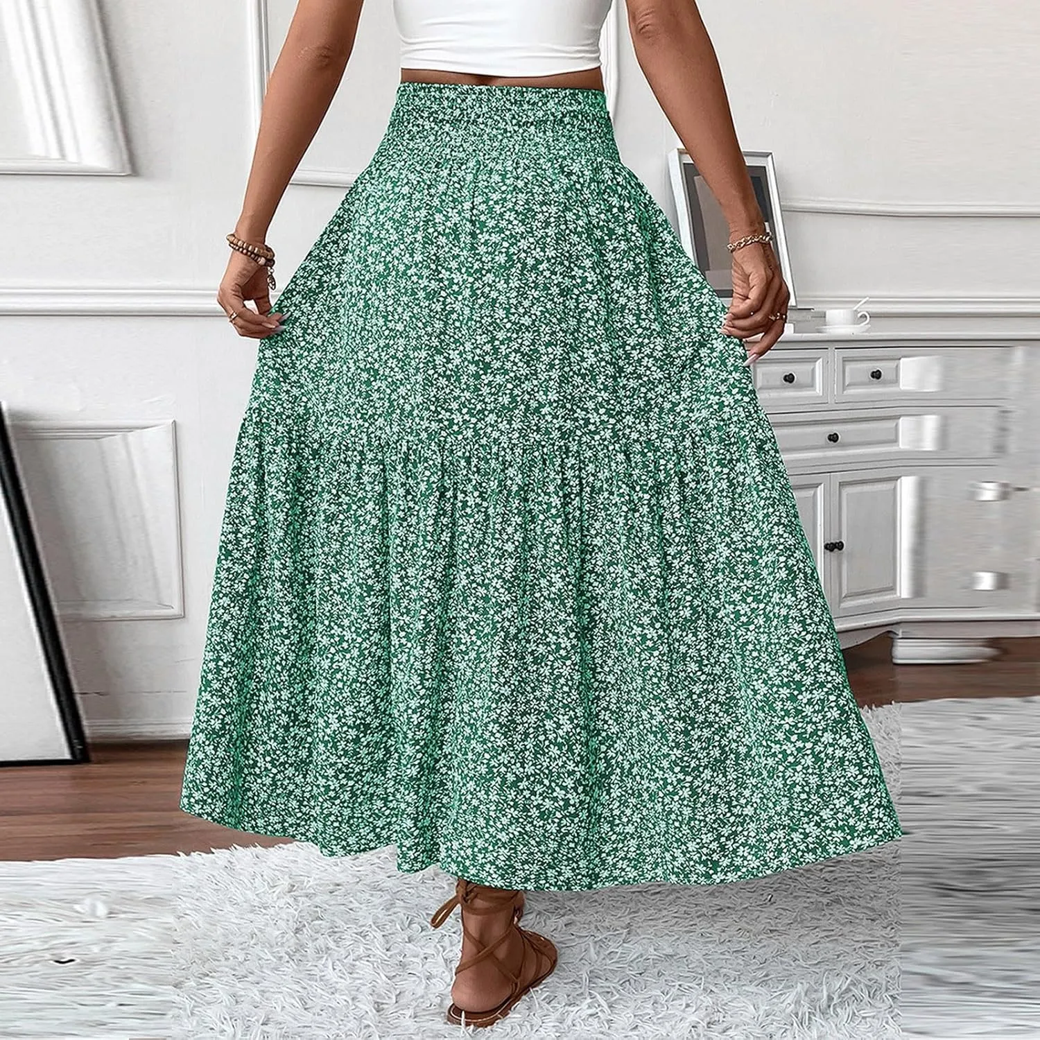 Midi Skirt,Flowy Long Skirts for Women 2025 Elastic High Waisted Pleated Womens Boho Maxi Skirt with Pockets Summer