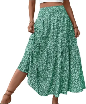Midi Skirt,Flowy Long Skirts for Women 2025 Elastic High Waisted Pleated Womens Boho Maxi Skirt with Pockets Summer