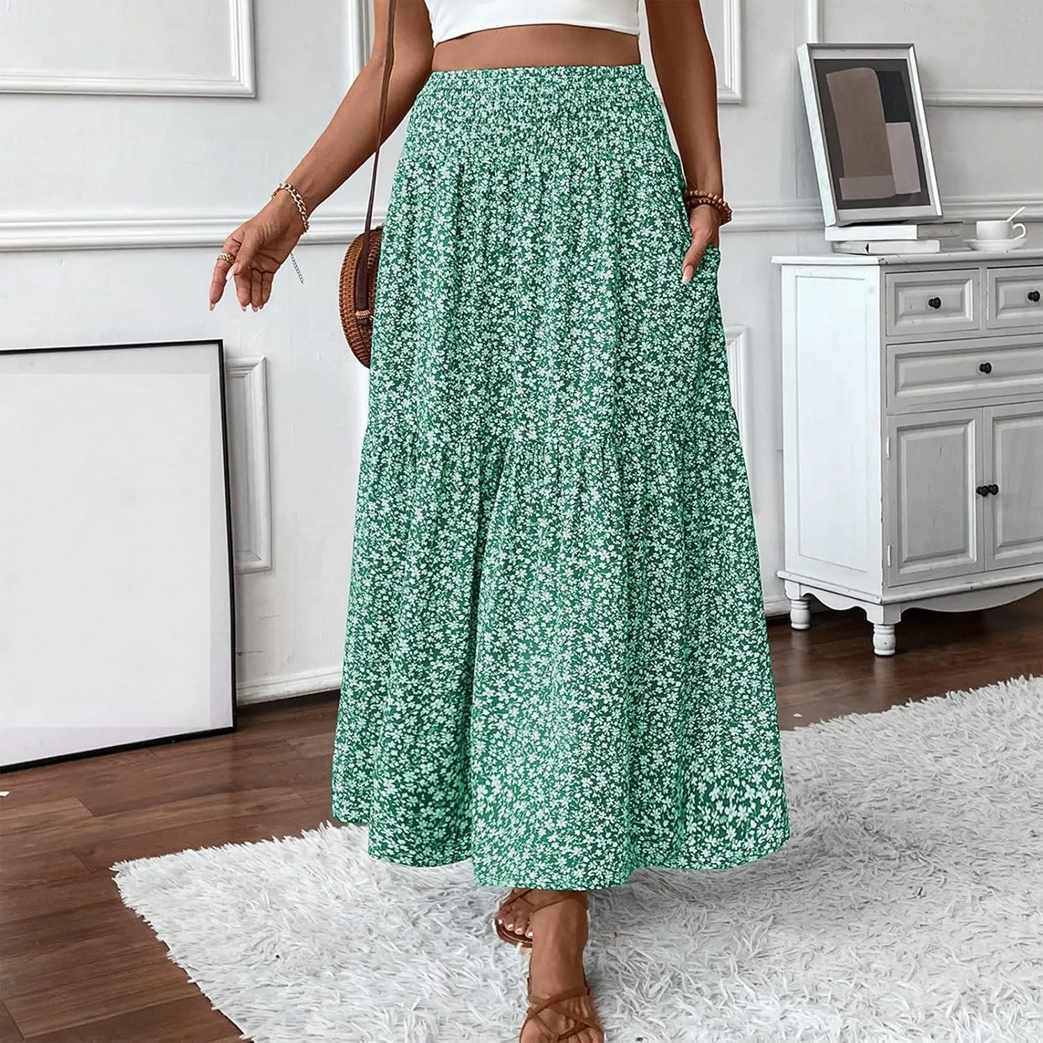 Midi Skirt,Flowy Long Skirts for Women 2025 Elastic High Waisted Pleated Womens Boho Maxi Skirt with Pockets Summer