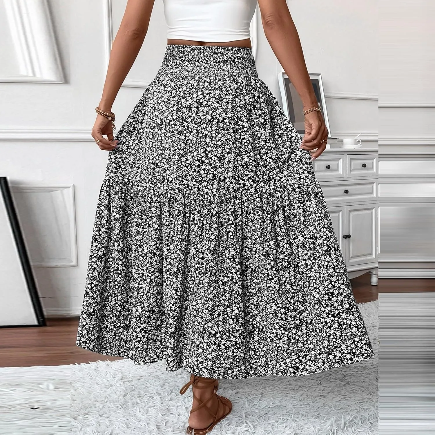 Midi Skirt,Flowy Long Skirts for Women 2025 Elastic High Waisted Pleated Womens Boho Maxi Skirt with Pockets Summer