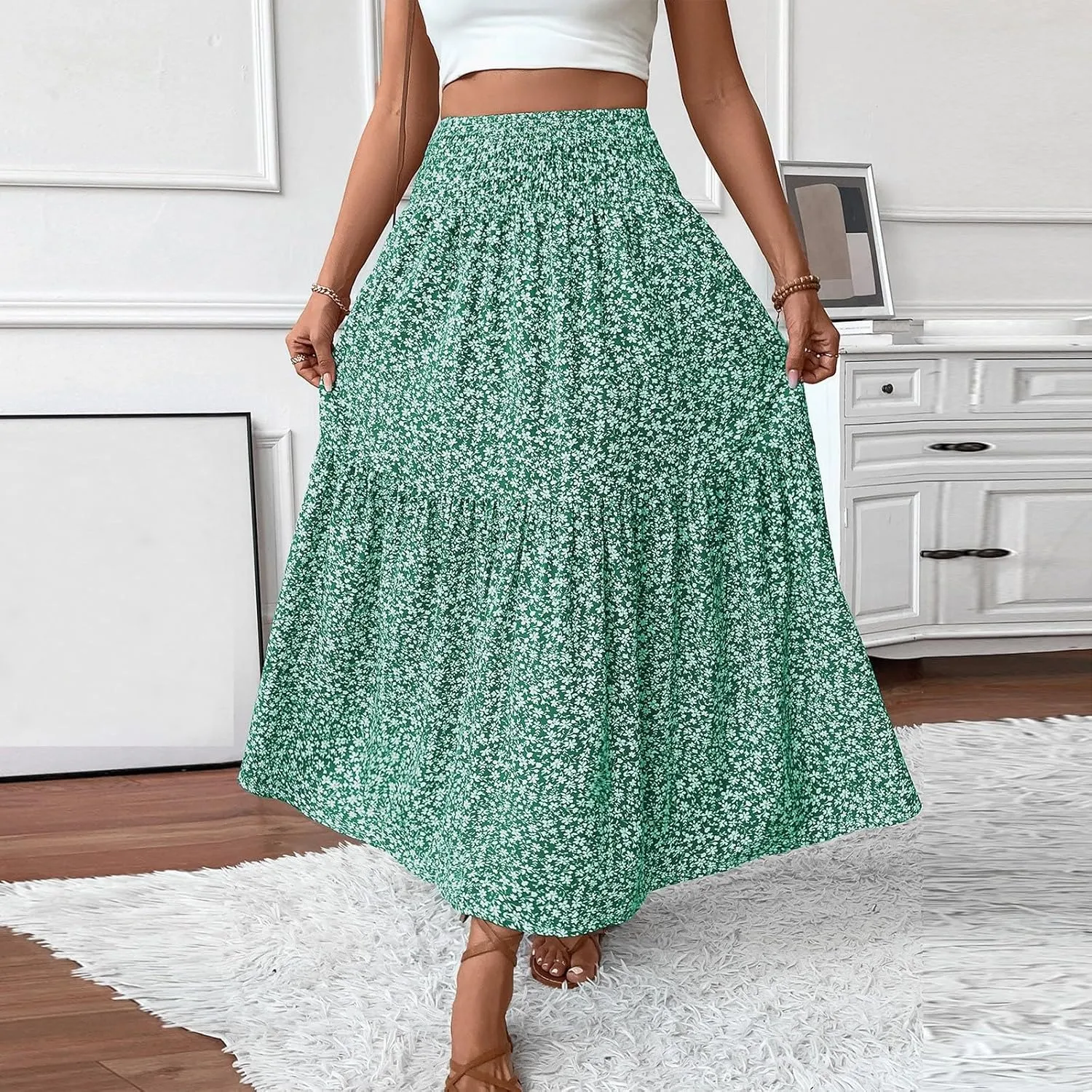 Midi Skirt,Flowy Long Skirts for Women 2025 Elastic High Waisted Pleated Womens Boho Maxi Skirt with Pockets Summer