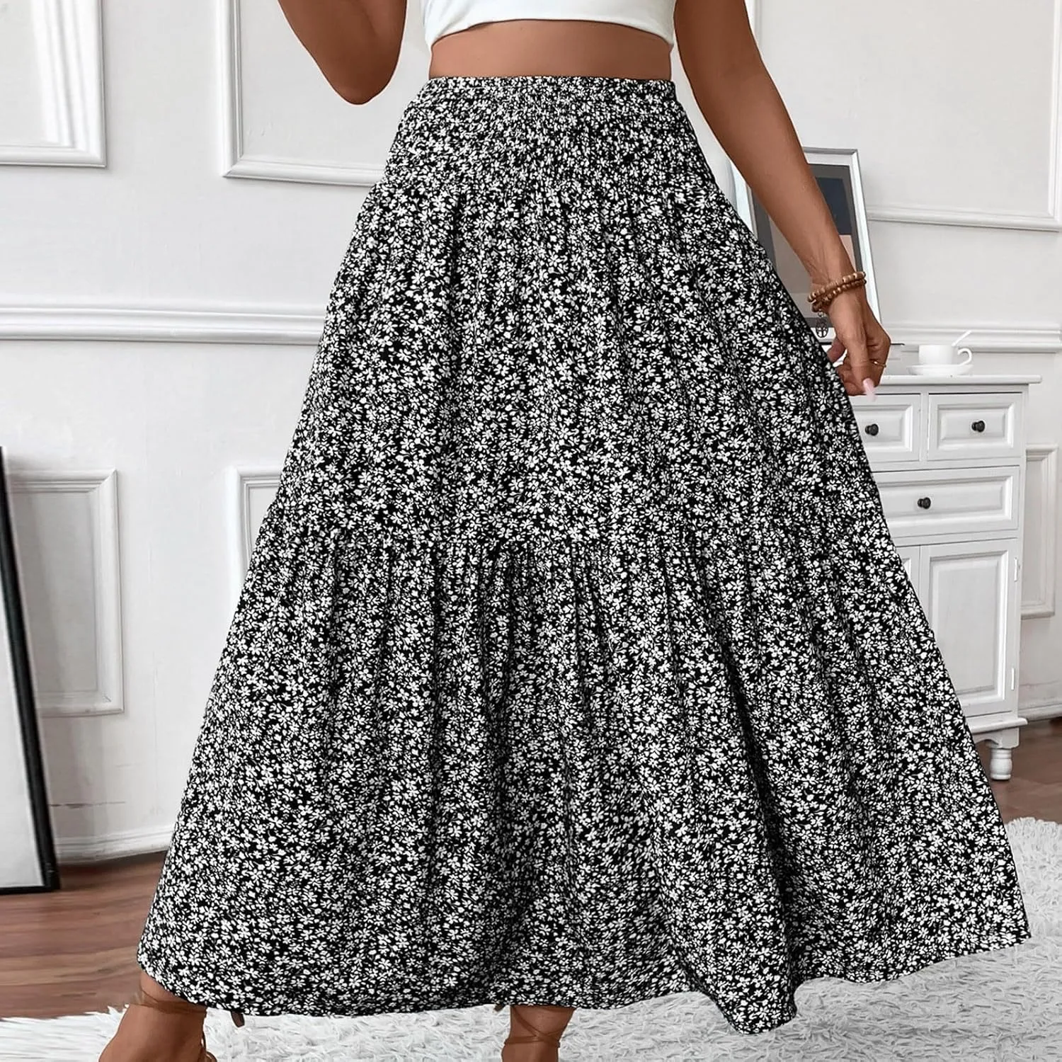 Midi Skirt,Flowy Long Skirts for Women 2025 Elastic High Waisted Pleated Womens Boho Maxi Skirt with Pockets Summer