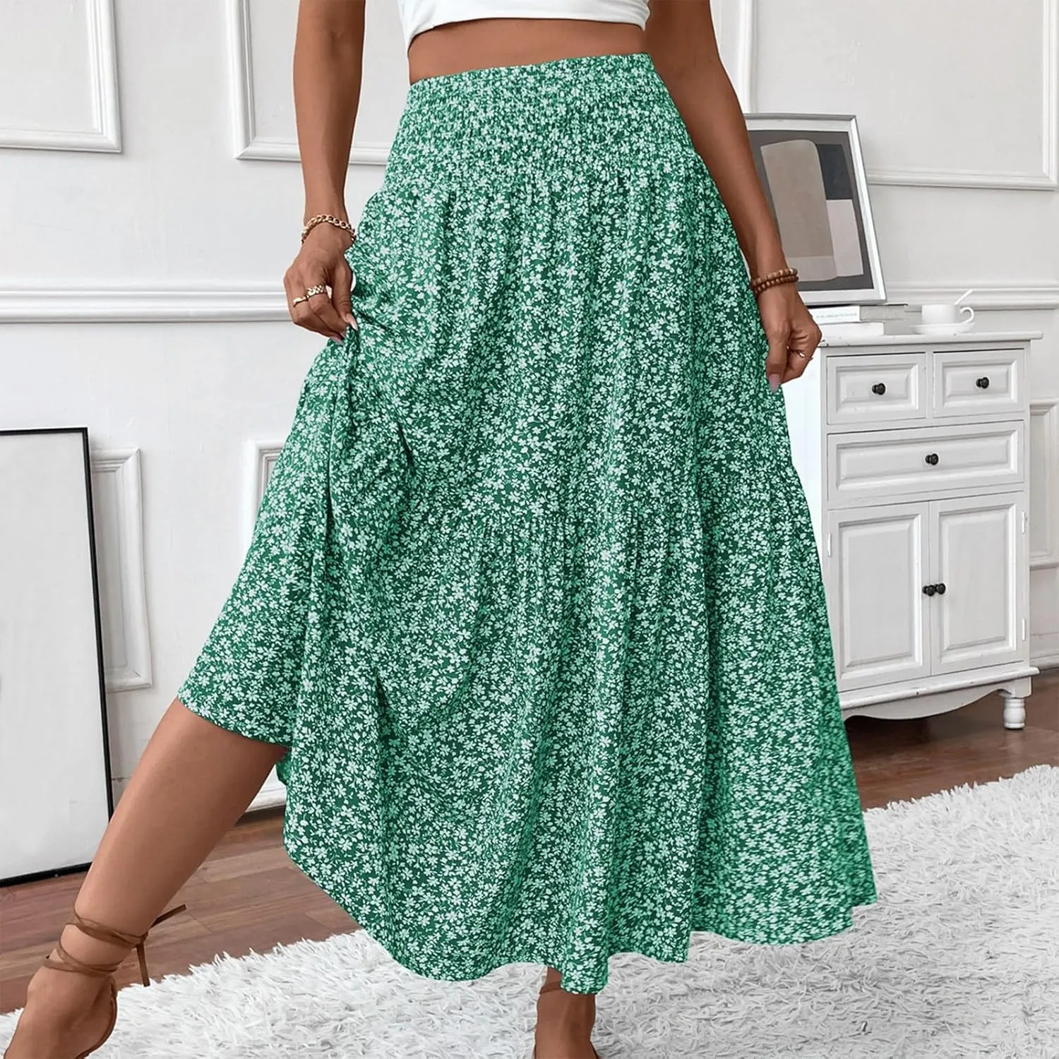 Midi Skirt,Flowy Long Skirts for Women 2025 Elastic High Waisted Pleated Womens Boho Maxi Skirt with Pockets Summer