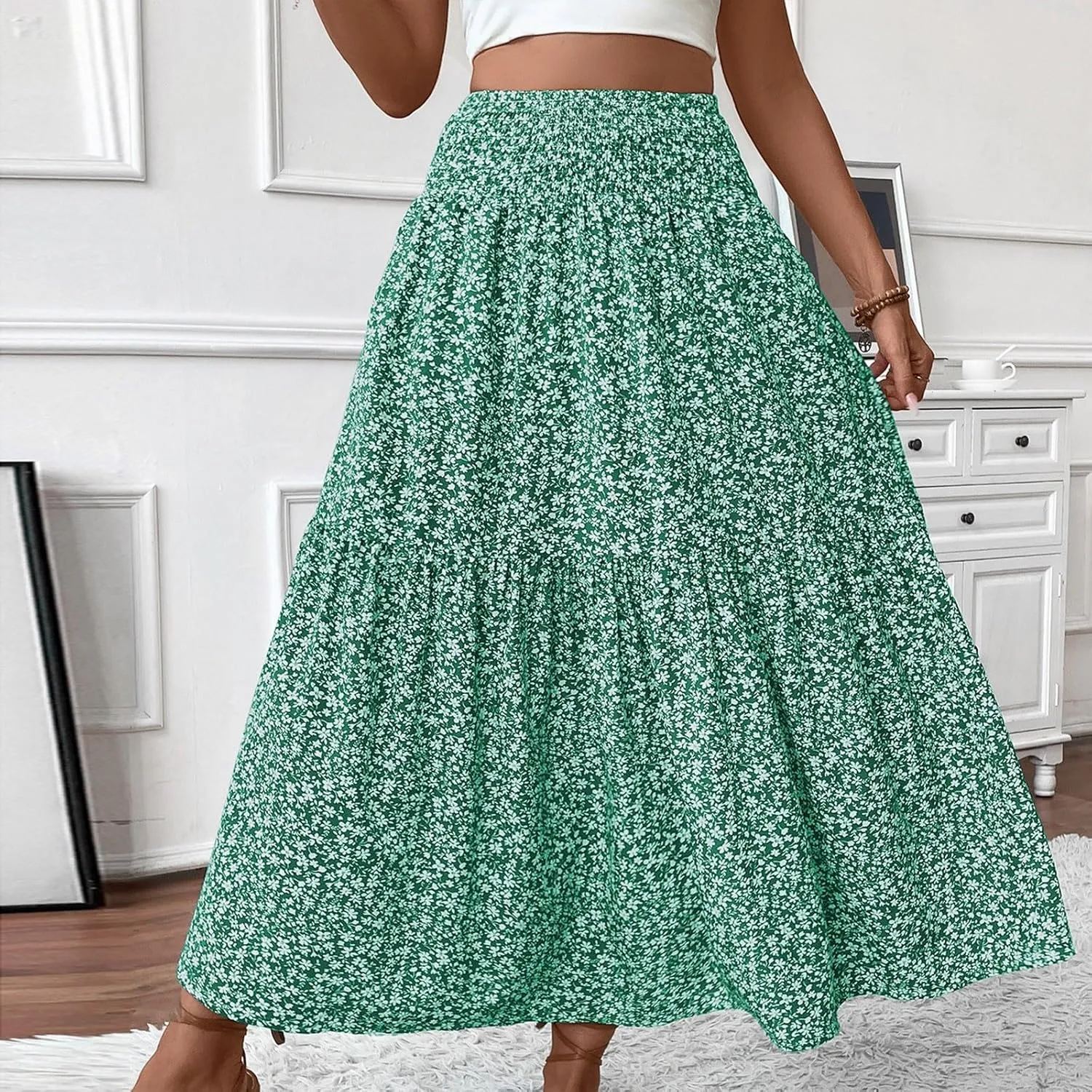 Midi Skirt,Flowy Long Skirts for Women 2025 Elastic High Waisted Pleated Womens Boho Maxi Skirt with Pockets Summer