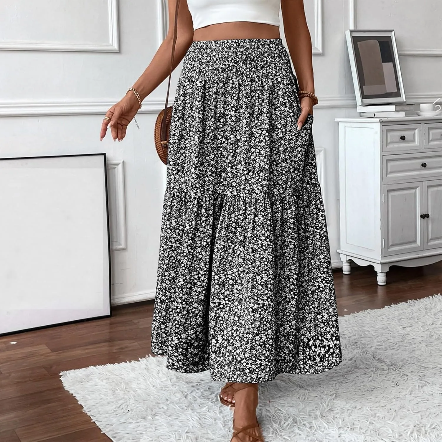 Midi Skirt,Flowy Long Skirts for Women 2025 Elastic High Waisted Pleated Womens Boho Maxi Skirt with Pockets Summer